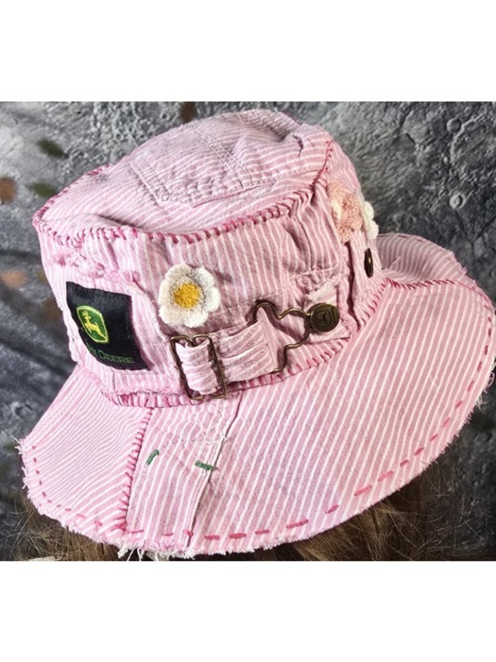 OOAK Handmade Boho Indie Pink John Deere Upcycle Bucket Hat Adjustable M 22"-23"